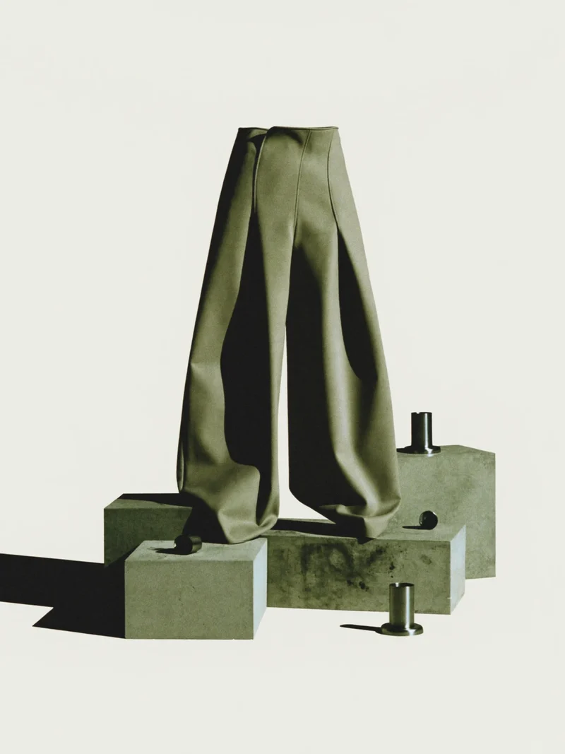Studio illustrato di pantaloni ampi plissettati con cuciture curve.